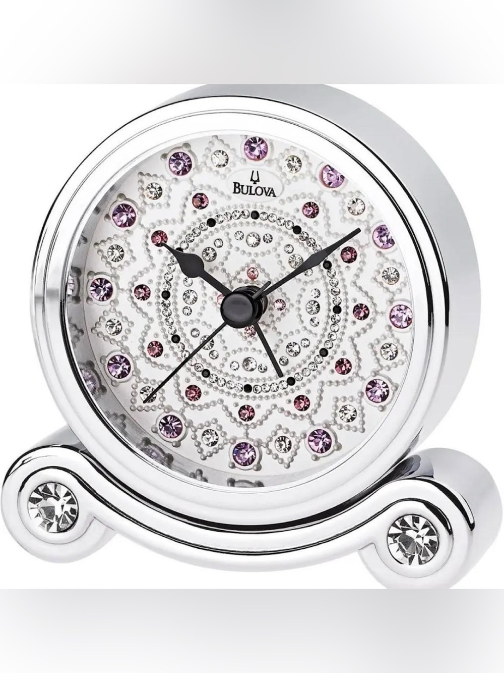 Bulova Silver Table Clock with Pink & Clear Crystal Accents
